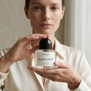 Byredo Mojave Ghost EDP kvepalų buteliukas modelio rankose – Aromatale