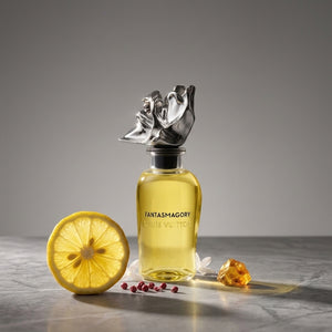 Louis Vuitton Fantasmagory Extrait de Parfum smaržu pudele ar citrona šķēlīti un rozā pipariem, Aroma Tale