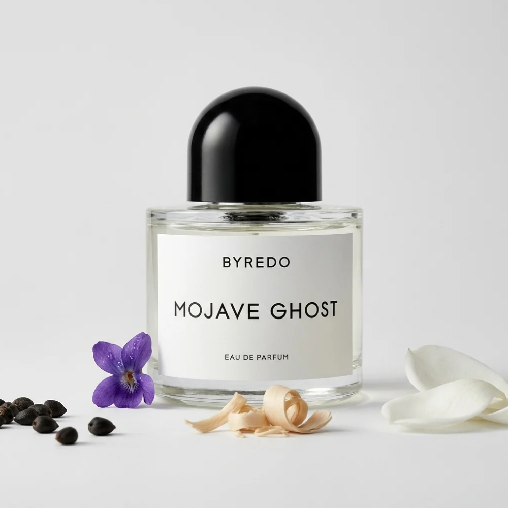 Byredo Mojave Ghost EDP kvepalų buteliukas gėlių kompozicijoje – Aromatale