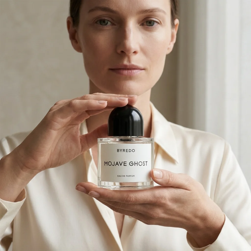 Byredo Mojave Ghost EDP kvepalų buteliukas modelio rankose – Aromatale