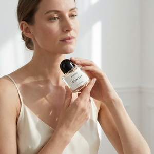 Byredo Open Sky EDP kvepalų buteliukas modelio rankose – Aromatale