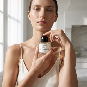 Byredo Rose of No Man's Land EDP hajuvesipullo mallin käsissä – Aromatale