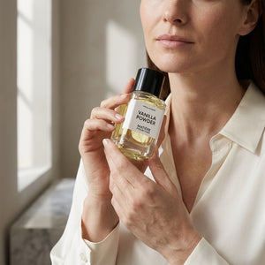 Matiere Premiere Vanilla Powder EDP kvepalų buteliukas modelio rankose – Aromatale