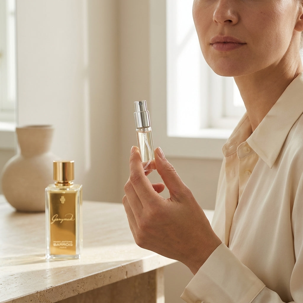 Marc-Antoine Barrois Ganymede EDP kvepalų mėginuko atomaizeris modelio rankose – Aromatale