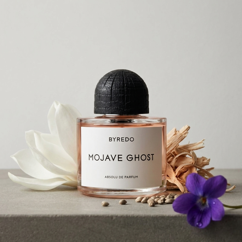 Byredo Mojave Ghost Absolu de Parfum kvepalų buteliukas stilizuotoje kompozicijoje – Aromatale