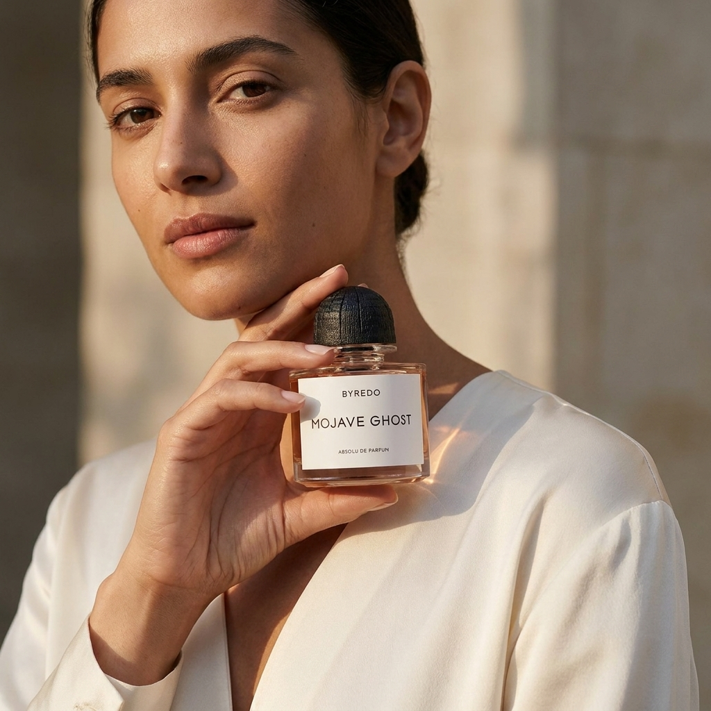Byredo Mojave Ghost Absolu de Parfum parfüümipudel modelli kätes – Aromatale