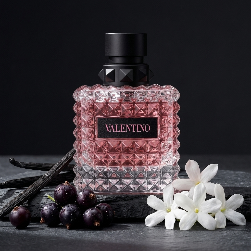 Valentino Born In Roma Donna Extradose Le Parfum kvepalų buteliukas tamsioje žiedų ir uogų kompozicijoje – Aromatale