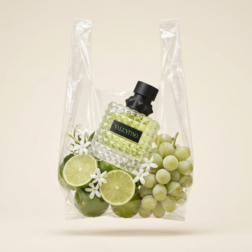 Valentino Donna Born In Roma Green Stravaganza EDP kvepalų buteliukas skaidriame maišelyje su vaisiais ir žiedais – Aromatale
