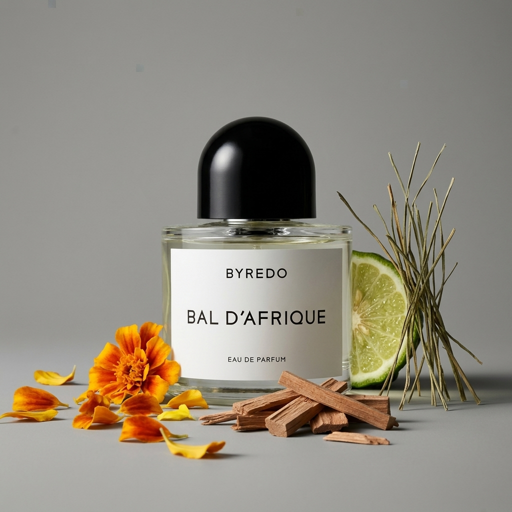 Byredo Bal d'Afrique EDP kvepalų buteliukas stilizuotoje kompozicijoje – Aromatale