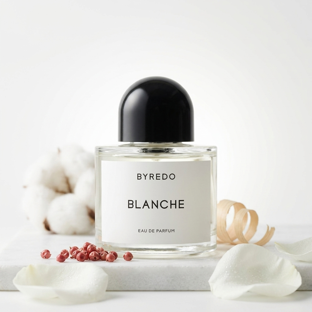 Byredo Blanche EDP kvepalų buteliukas baltoje kompozicijoje – Aromatale