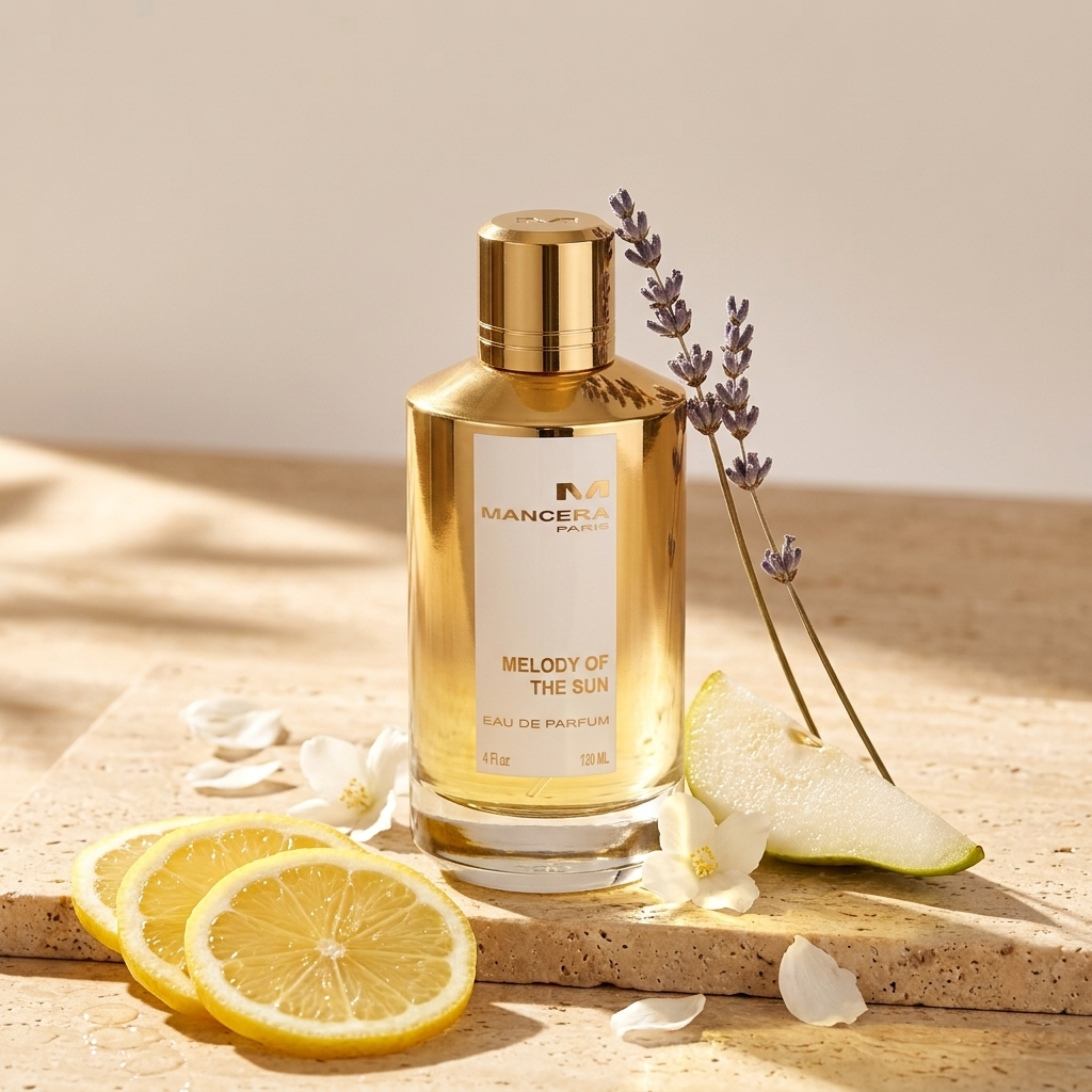 Mancera Melody of the Sun EDP kvepalų buteliukas citrusų ir žiedų kompozicijoje – Aromatale