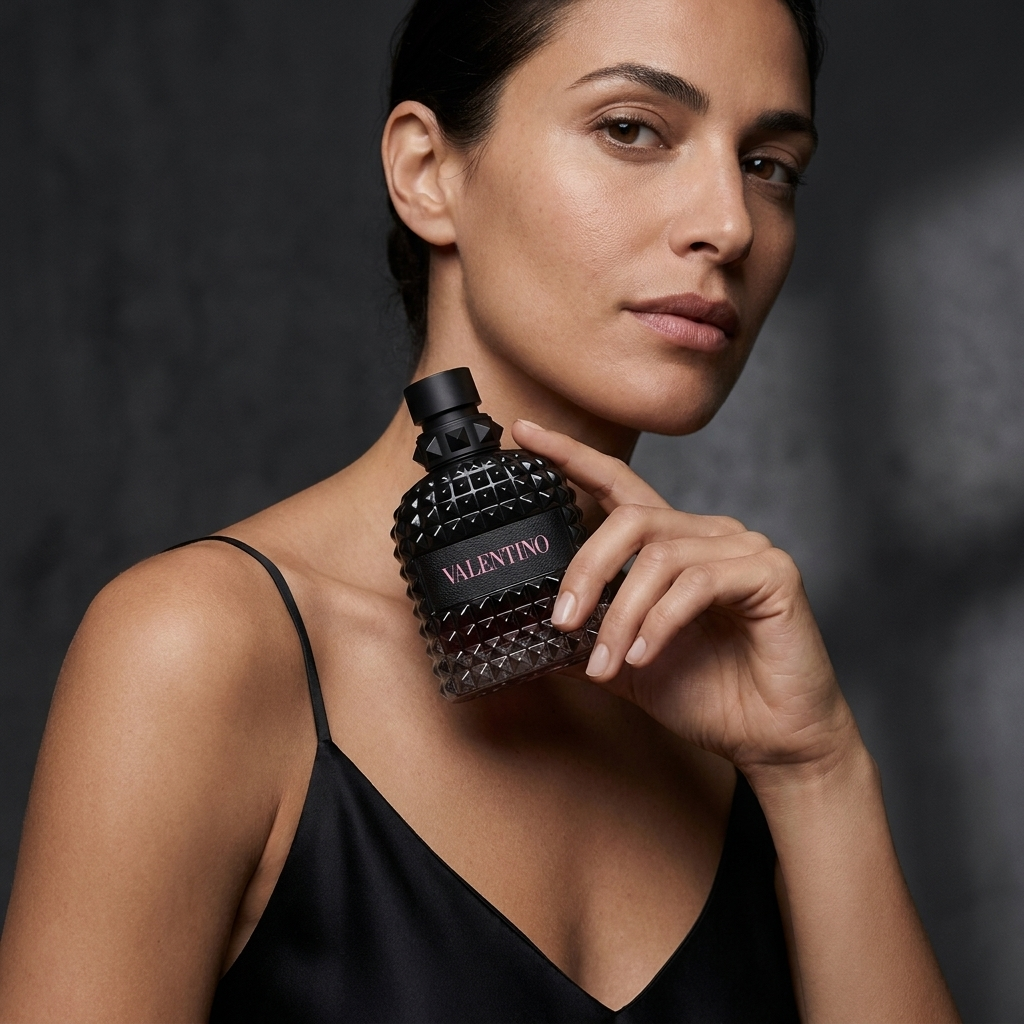 Naine hoiab Valentino Born In Roma Uomo Intense EDP parfüümipudelit