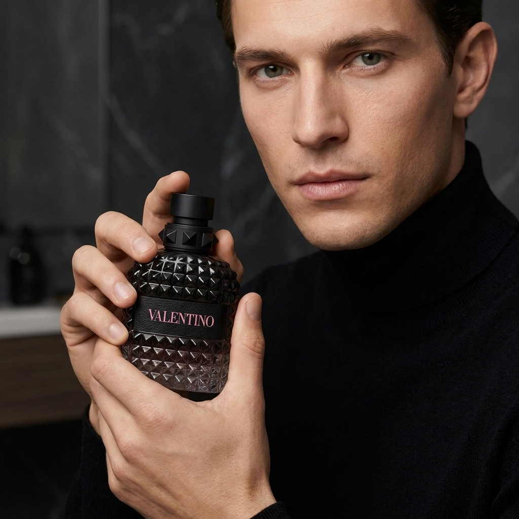 Mees hoiab Valentino Born In Roma Uomo EDT parfüümipudelit