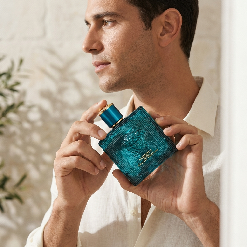 Mees hoiab Versace Eros EDP parfüümipudelit