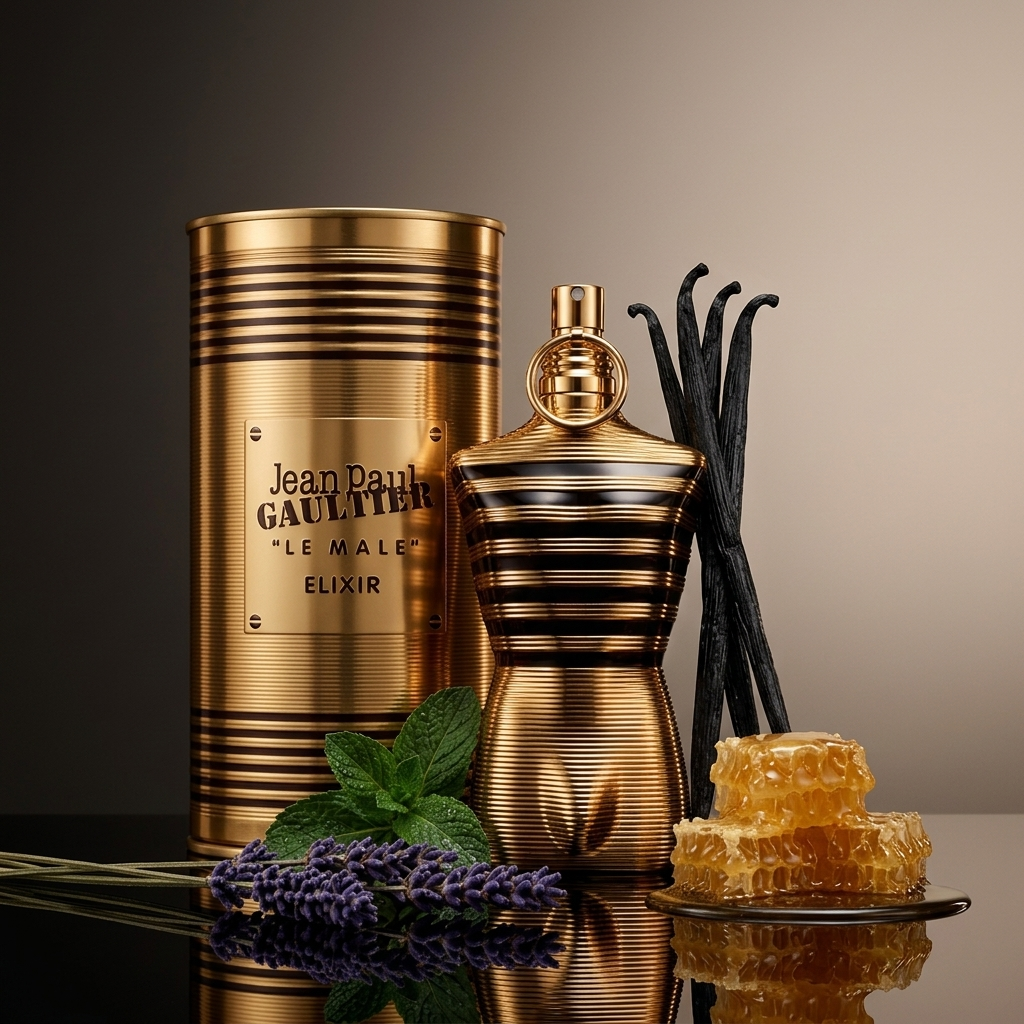 Jean Paul Gaultier Le Male Elixir parfüümipudel ja pakend mee, vanilli ja lavendliga