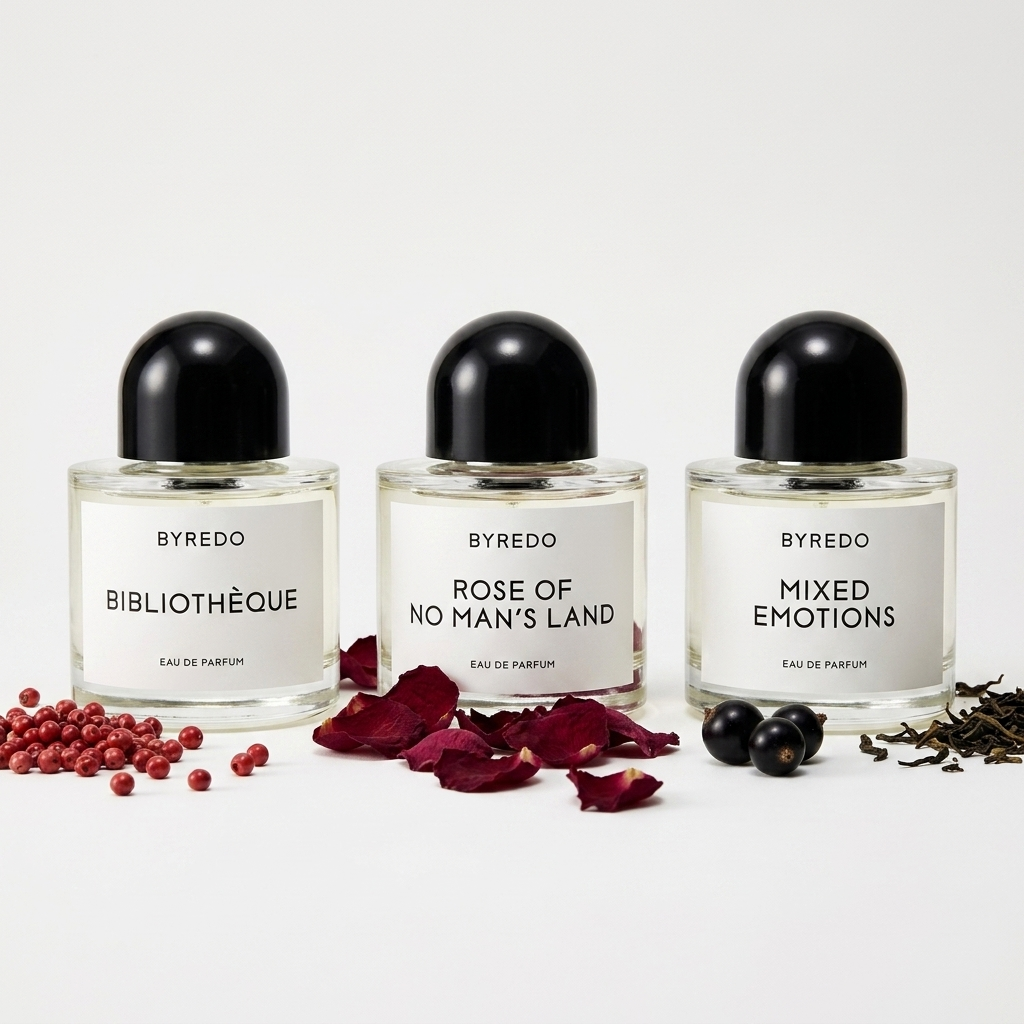 Byredo Discovery Set 2 Bibliothèque, Rose of No Man's Land ja Mixed Emotions parfüümipudelid kroonlehtede ja marjadega