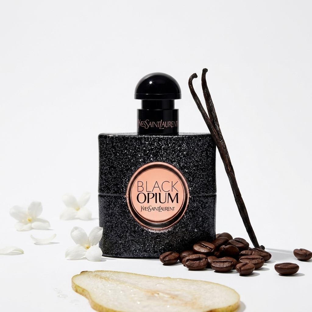 YSL Black Opium EDP parfüümipudel kohviubade ja valgete õitega