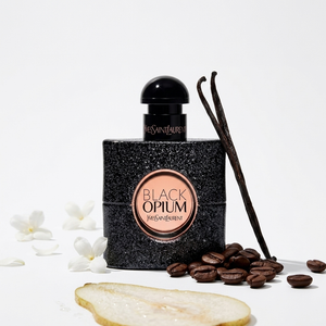 YSL Black Opium EDP parfüümipudel kohviubade ja valgete õitega